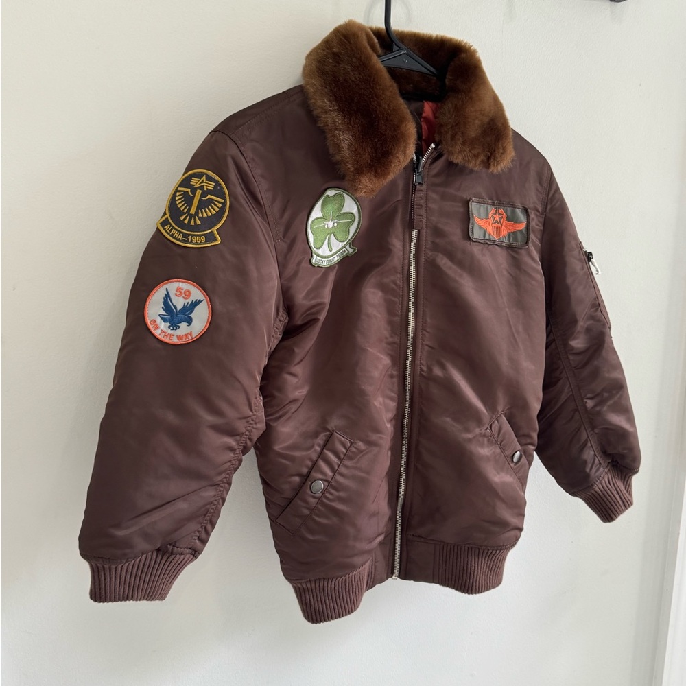 J. Peterman Brown Kids Bomber Jacket with Patches winter Boys 10/12